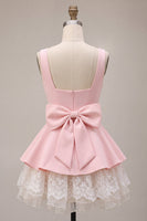 Load image into Gallery viewer, Pink A Line Satin Square Neck Short Cocktail Dress with Lace
