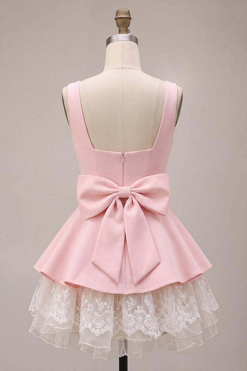 Load image into Gallery viewer, Pink A Line Satin Square Neck Short Cocktail Dress with Lace