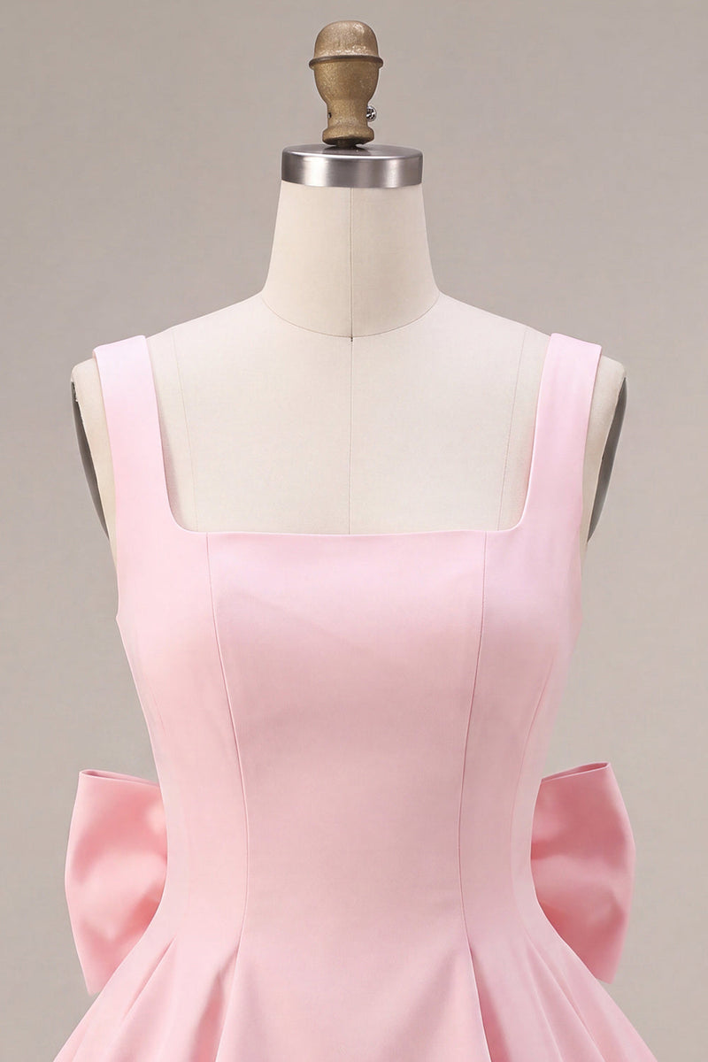 Load image into Gallery viewer, Pink A Line Satin Square Neck Short Cocktail Dress with Lace
