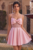 Load image into Gallery viewer, Sparkly Pink A Line Corset Beaded Satin Mini Cocktail Dress with Bow