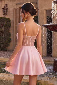 Sparkly Pink A Line Corset Beaded Satin Mini Cocktail Dress with Bow