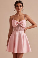 Load image into Gallery viewer, Sparkly Pink A Line Corset Beaded Satin Mini Cocktail Dress with Bow