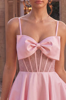 Load image into Gallery viewer, Sparkly Pink A Line Corset Beaded Satin Mini Cocktail Dress with Bow
