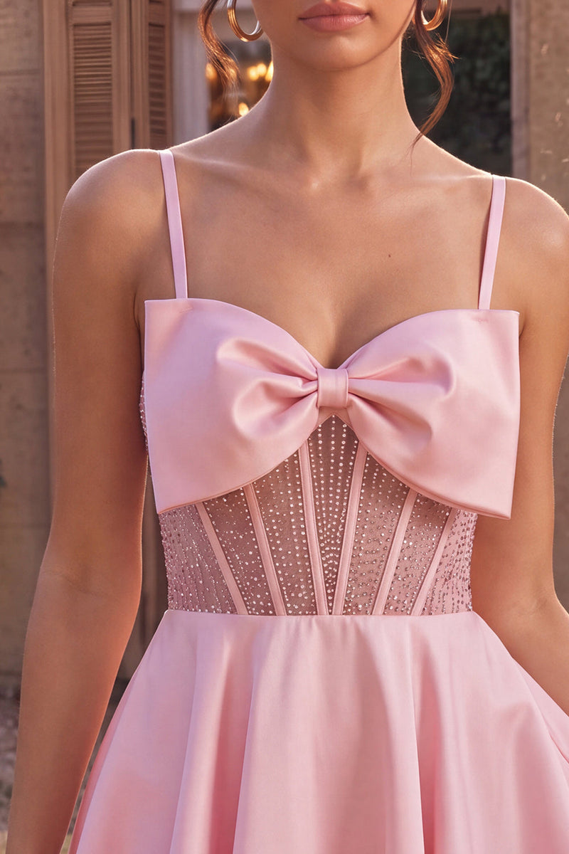 Load image into Gallery viewer, Sparkly Pink A Line Corset Beaded Satin Mini Cocktail Dress with Bow