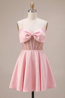 Load image into Gallery viewer, Sparkly Pink A Line Corset Beaded Satin Mini Cocktail Dress with Bow