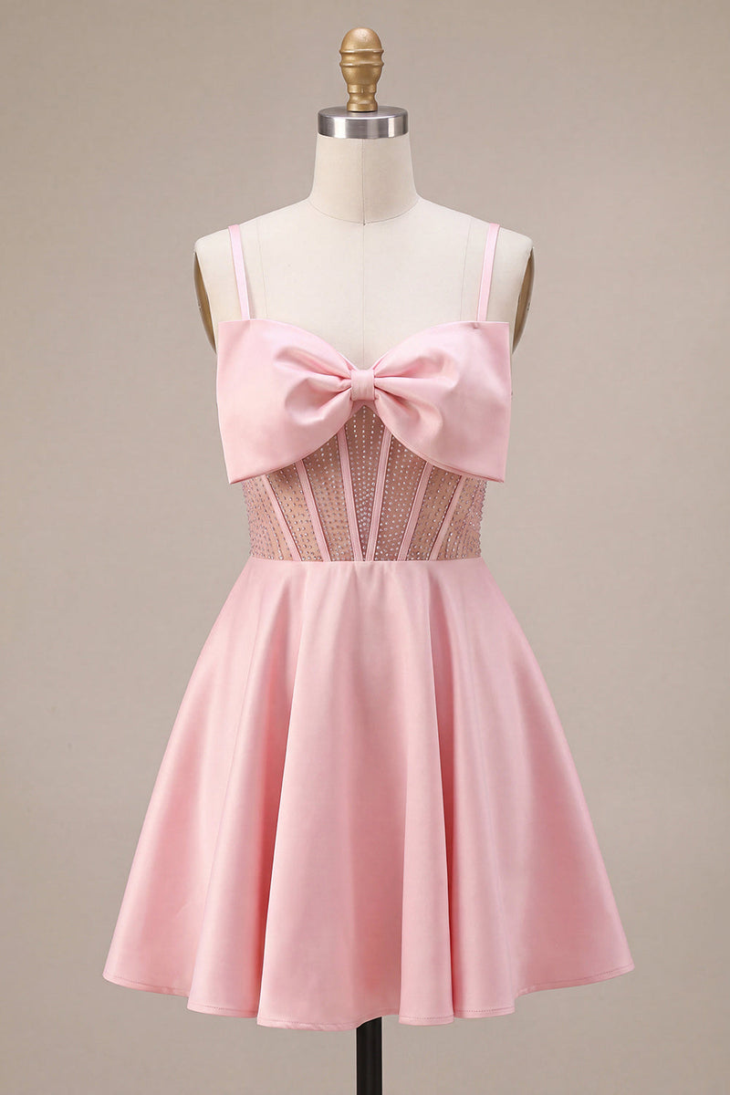 Load image into Gallery viewer, Sparkly Pink A Line Corset Beaded Satin Mini Cocktail Dress with Bow