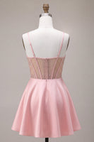 Load image into Gallery viewer, Sparkly Pink A Line Corset Beaded Satin Mini Cocktail Dress with Bow