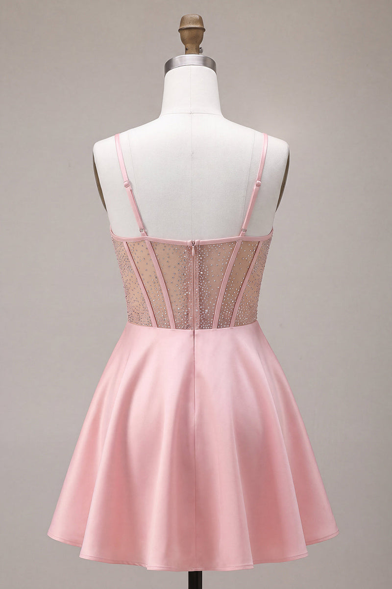 Load image into Gallery viewer, Sparkly Pink A Line Corset Beaded Satin Mini Cocktail Dress with Bow