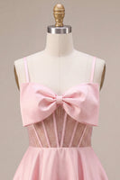 Load image into Gallery viewer, Sparkly Pink A Line Corset Beaded Satin Mini Cocktail Dress with Bow
