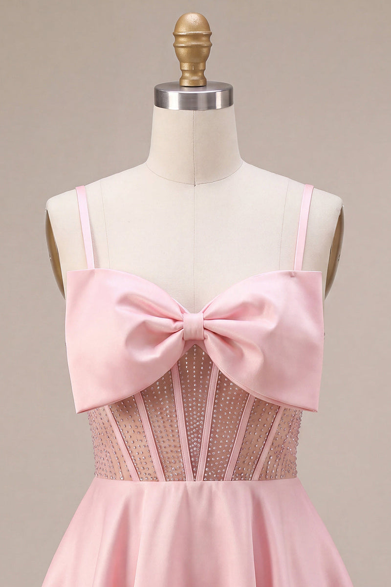 Load image into Gallery viewer, Sparkly Pink A Line Corset Beaded Satin Mini Cocktail Dress with Bow