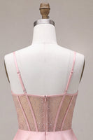 Load image into Gallery viewer, Sparkly Pink A Line Corset Beaded Satin Mini Cocktail Dress with Bow