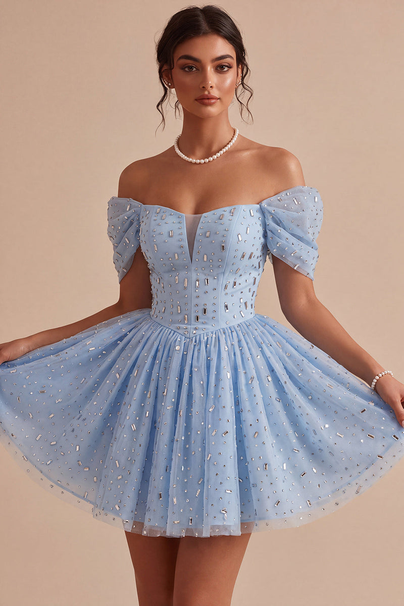 Load image into Gallery viewer, Sparkly A Line Sky Blue Mini Cocktail Dress with Rhinestones