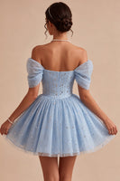 Load image into Gallery viewer, Sparkly A Line Sky Blue Mini Cocktail Dress with Rhinestones