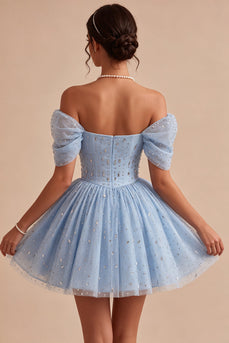 Sparkly A Line Sky Blue Mini Cocktail Dress with Rhinestones