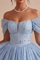 Load image into Gallery viewer, Sparkly A Line Sky Blue Mini Cocktail Dress with Rhinestones