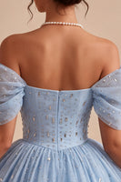 Load image into Gallery viewer, Sparkly A Line Sky Blue Mini Cocktail Dress with Rhinestones