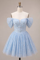Load image into Gallery viewer, Sparkly A Line Sky Blue Mini Cocktail Dress with Rhinestones