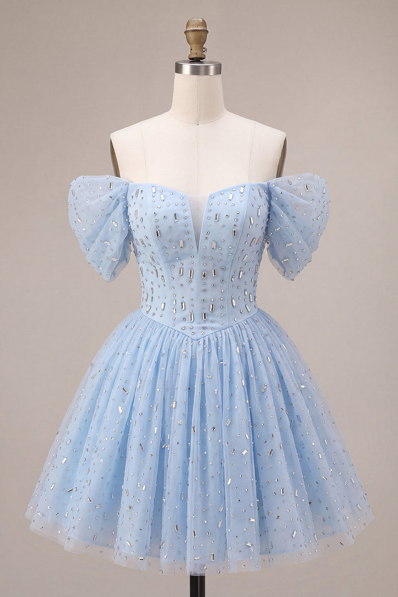 Load image into Gallery viewer, Sparkly A Line Sky Blue Mini Cocktail Dress with Rhinestones