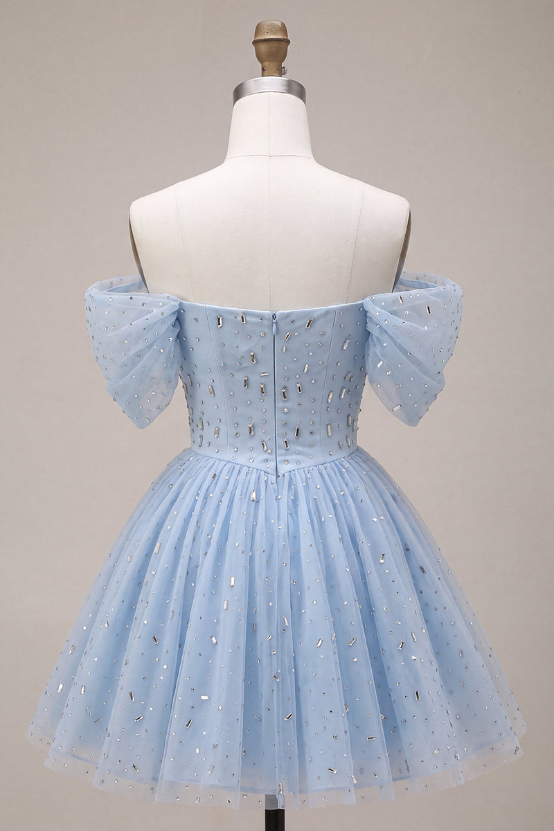 Load image into Gallery viewer, Sparkly A Line Sky Blue Mini Cocktail Dress with Rhinestones