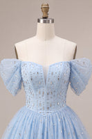 Load image into Gallery viewer, Sparkly A Line Sky Blue Mini Cocktail Dress with Rhinestones