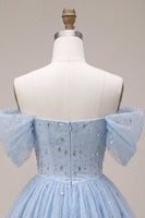 Load image into Gallery viewer, Sparkly A Line Sky Blue Mini Cocktail Dress with Rhinestones