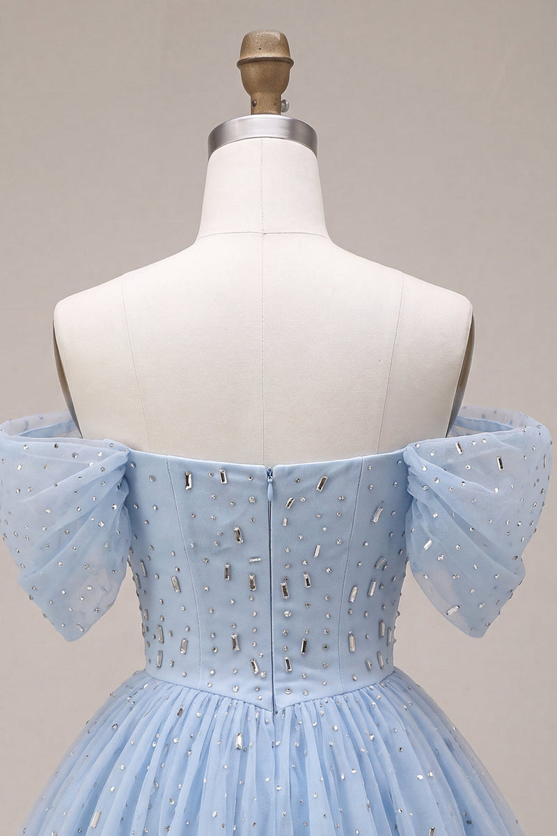 Load image into Gallery viewer, Sparkly A Line Sky Blue Mini Cocktail Dress with Rhinestones
