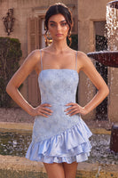 Load image into Gallery viewer, Sparkly Dusty Blue Floral Tight Ruffled Mini Cocktail Dress