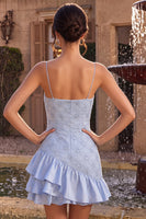 Load image into Gallery viewer, Sparkly Dusty Blue Floral Tight Ruffled Mini Cocktail Dress