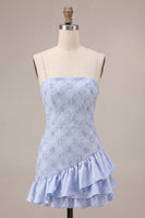 Load image into Gallery viewer, Sparkly Dusty Blue Floral Tight Ruffled Mini Cocktail Dress