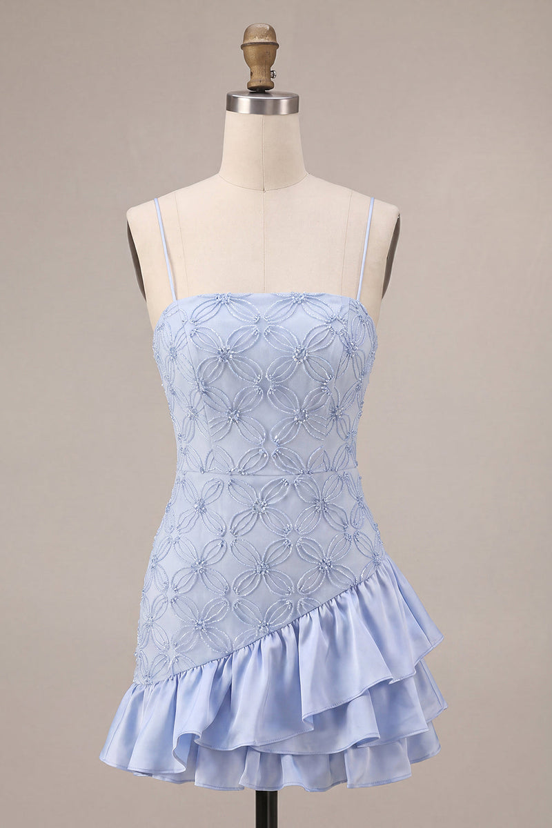Load image into Gallery viewer, Sparkly Dusty Blue Floral Tight Ruffled Mini Cocktail Dress
