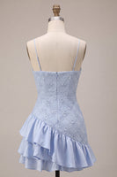 Load image into Gallery viewer, Sparkly Dusty Blue Floral Tight Ruffled Mini Cocktail Dress