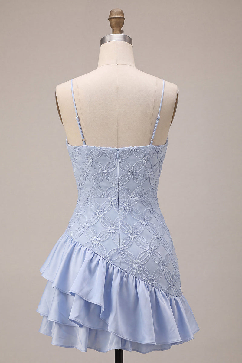Load image into Gallery viewer, Sparkly Dusty Blue Floral Tight Ruffled Mini Cocktail Dress
