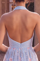 Load image into Gallery viewer, Floral Sky Blue Halter V Neck A Line Mini Cocktail Dress