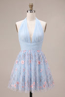 Load image into Gallery viewer, Floral Sky Blue Halter V Neck A Line Mini Cocktail Dress