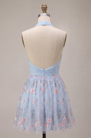 Load image into Gallery viewer, Floral Sky Blue Halter V Neck A Line Mini Cocktail Dress