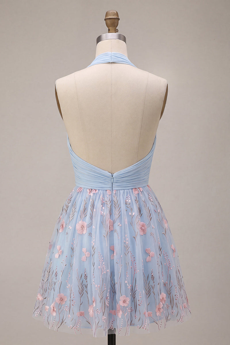Load image into Gallery viewer, Floral Sky Blue Halter V Neck A Line Mini Cocktail Dress