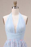 Load image into Gallery viewer, Floral Sky Blue Halter V Neck A Line Mini Cocktail Dress