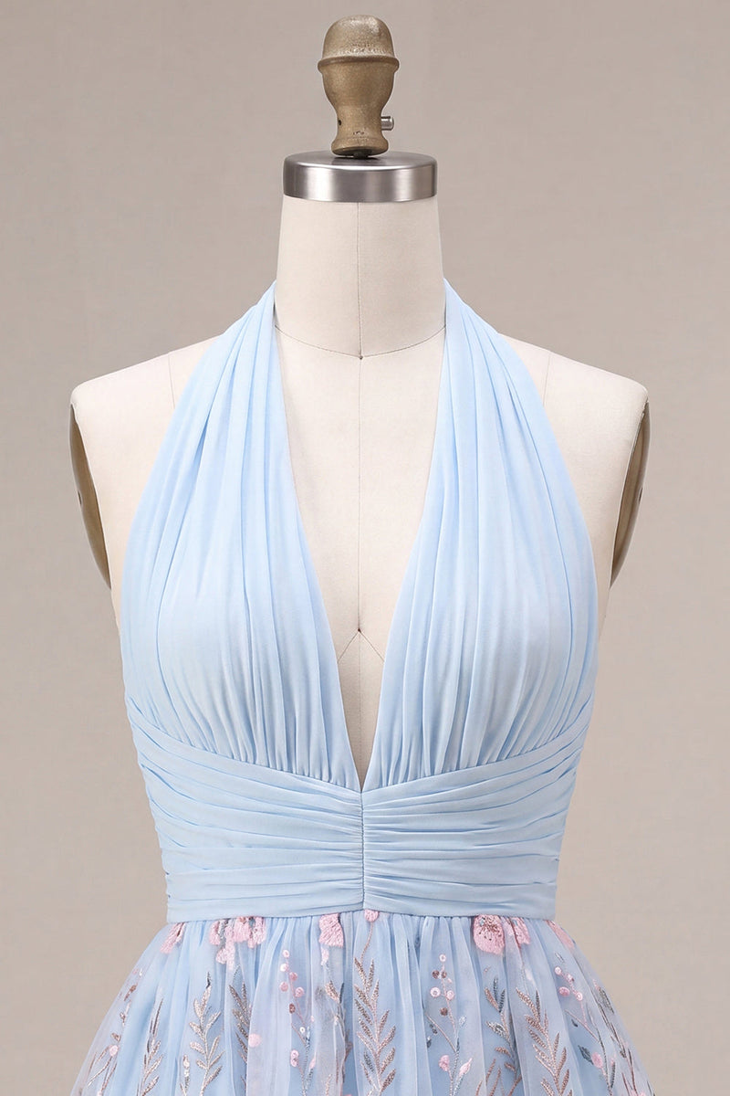 Load image into Gallery viewer, Floral Sky Blue Halter V Neck A Line Mini Cocktail Dress