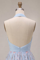 Load image into Gallery viewer, Floral Sky Blue Halter V Neck A Line Mini Cocktail Dress