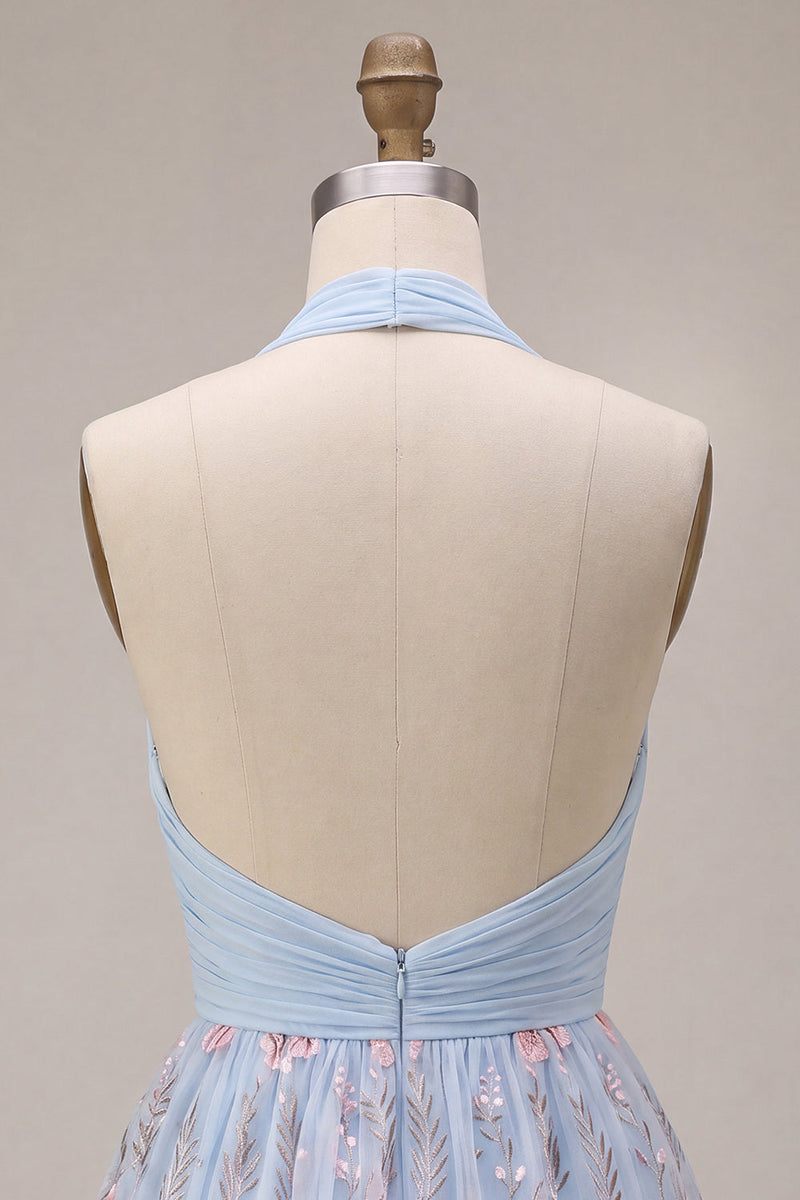 Load image into Gallery viewer, Floral Sky Blue Halter V Neck A Line Mini Cocktail Dress