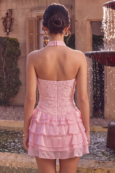 Sparkly Floral Pink A Line Tiered Halter Beaded Mini Cocktail Dress