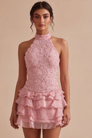 Load image into Gallery viewer, Sparkly Floral Pink A Line Tiered Halter Beaded Mini Cocktail Dress