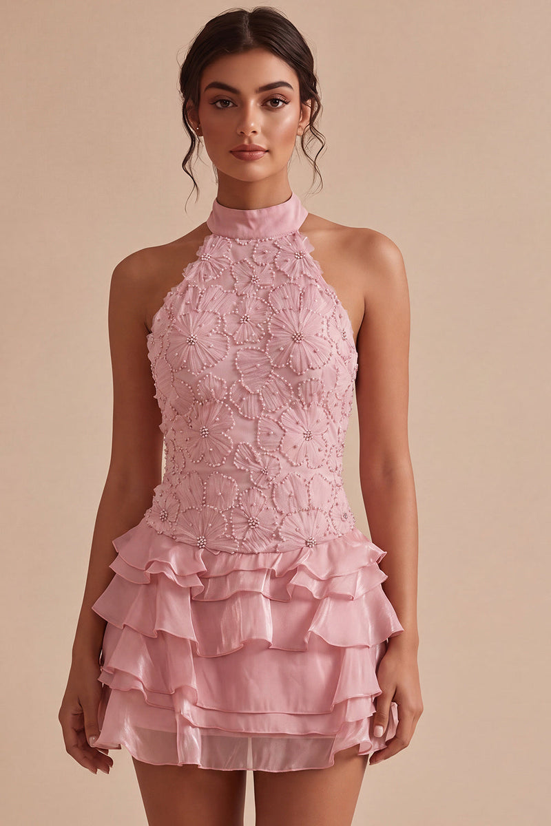 Load image into Gallery viewer, Sparkly Floral Pink A Line Tiered Halter Beaded Mini Cocktail Dress