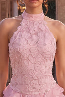 Load image into Gallery viewer, Sparkly Floral Pink A Line Tiered Halter Beaded Mini Cocktail Dress