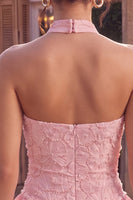 Load image into Gallery viewer, Sparkly Floral Pink A Line Tiered Halter Beaded Mini Cocktail Dress