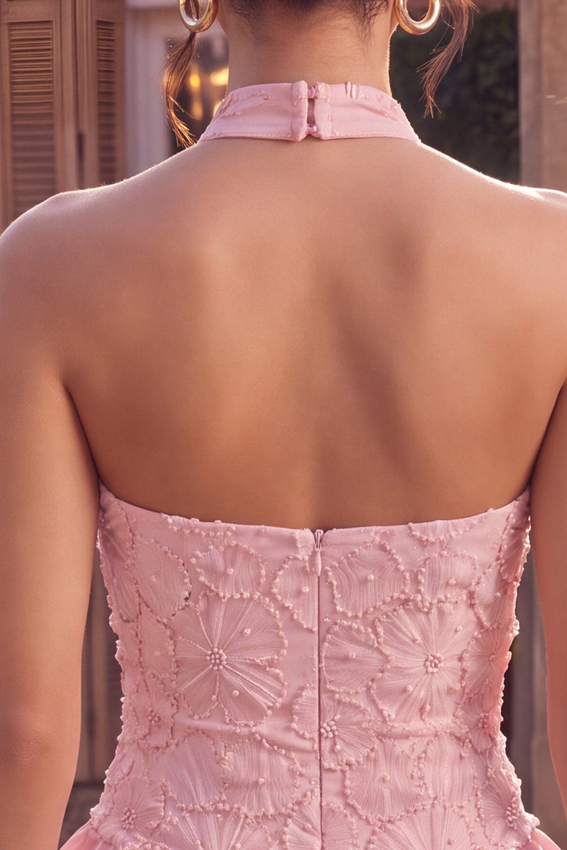 Load image into Gallery viewer, Sparkly Floral Pink A Line Tiered Halter Beaded Mini Cocktail Dress