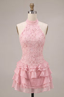 Load image into Gallery viewer, Sparkly Floral Pink A Line Tiered Halter Beaded Mini Cocktail Dress