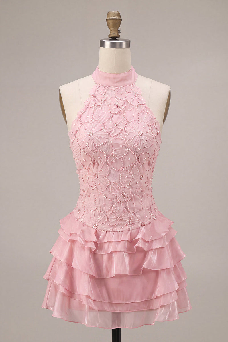 Load image into Gallery viewer, Sparkly Floral Pink A Line Tiered Halter Beaded Mini Cocktail Dress