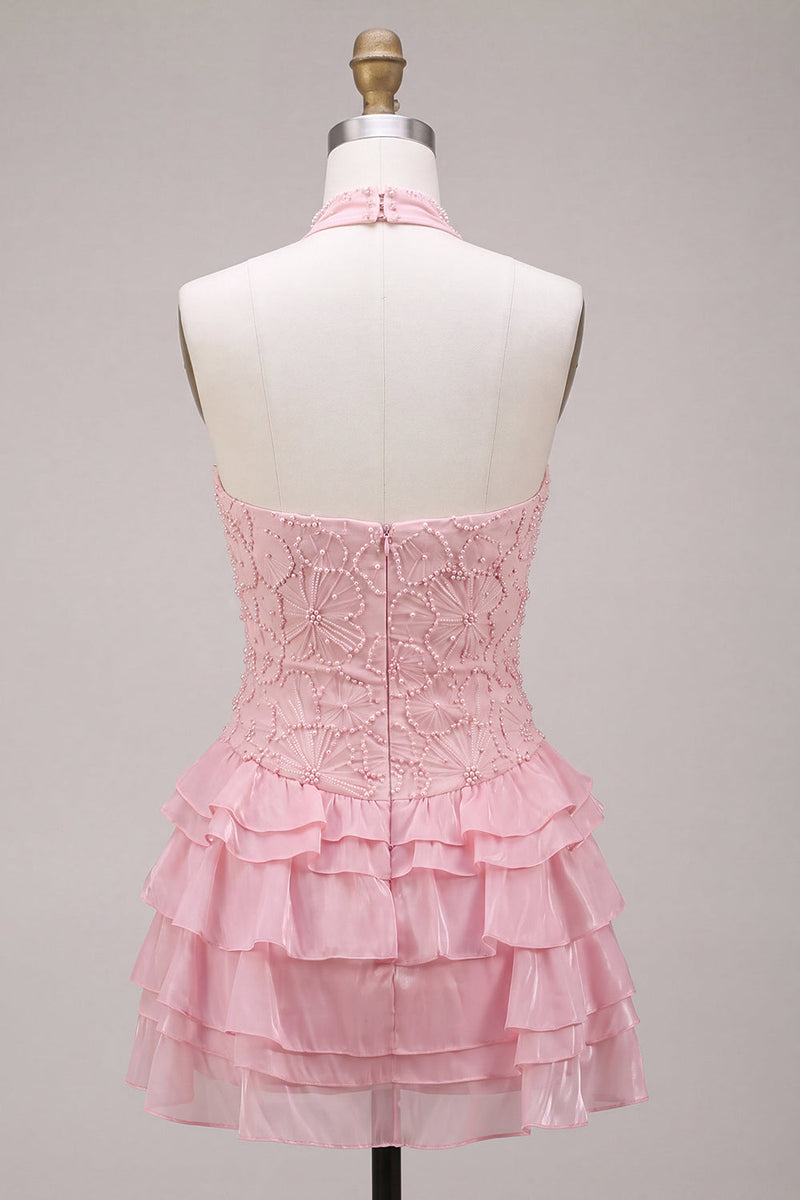 Load image into Gallery viewer, Sparkly Floral Pink A Line Tiered Halter Beaded Mini Cocktail Dress