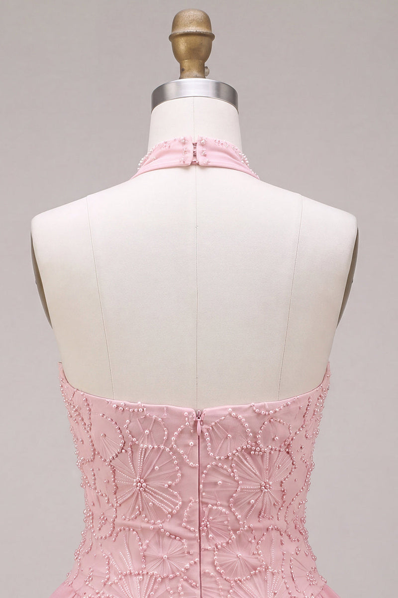 Load image into Gallery viewer, Sparkly Floral Pink A Line Tiered Halter Beaded Mini Cocktail Dress